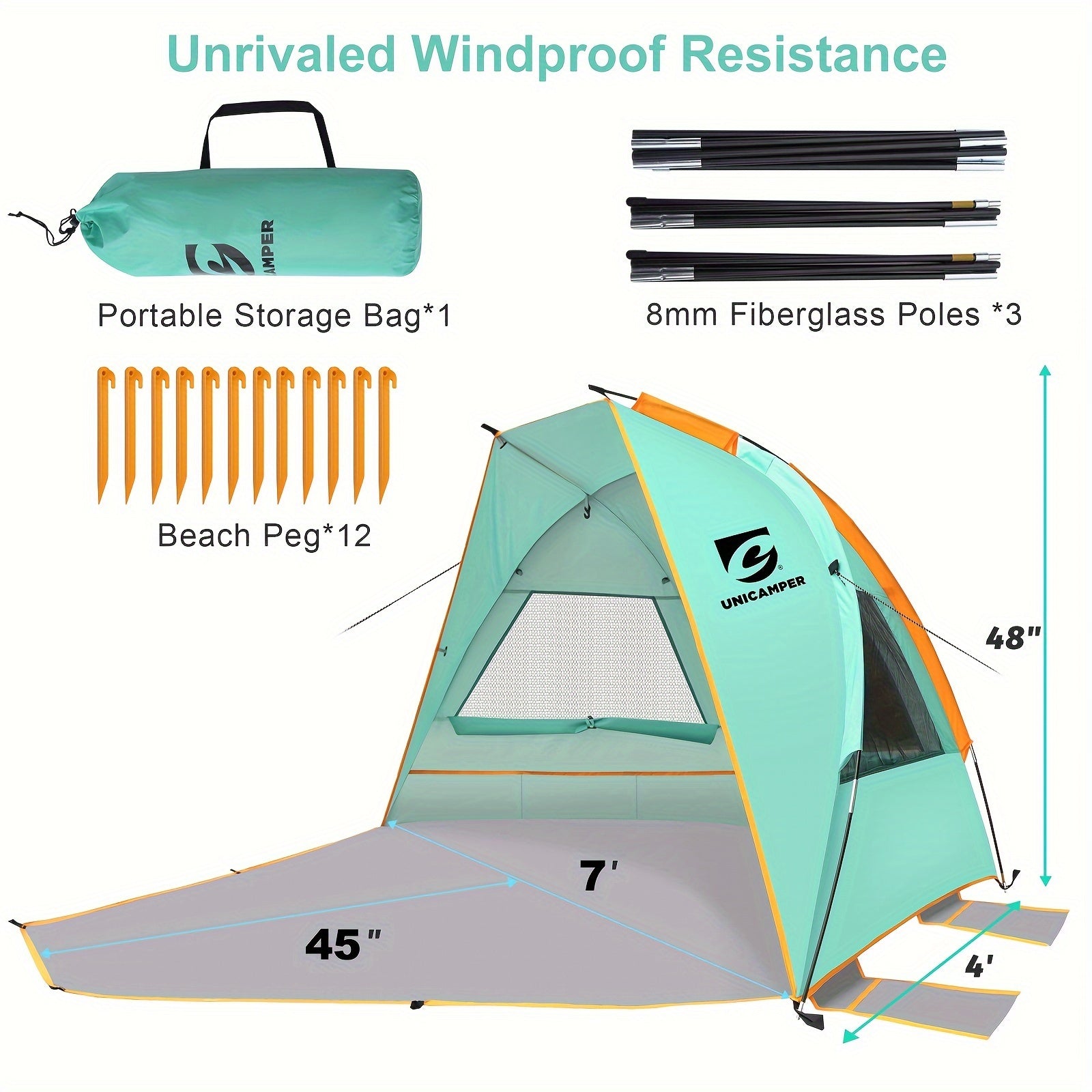 UNICAMPER Strandzelt für 3 Personen, Sonnenschutz UPF 50+ mit verlängertem, wasserdichtem PE-Boden & 3 aufrollbaren Netzfenstern, tragbarer Strandsonnenschutz, einfacher Aufbau für Outdoor-Camping, Indoor, Angeln, Garten. (Grün)