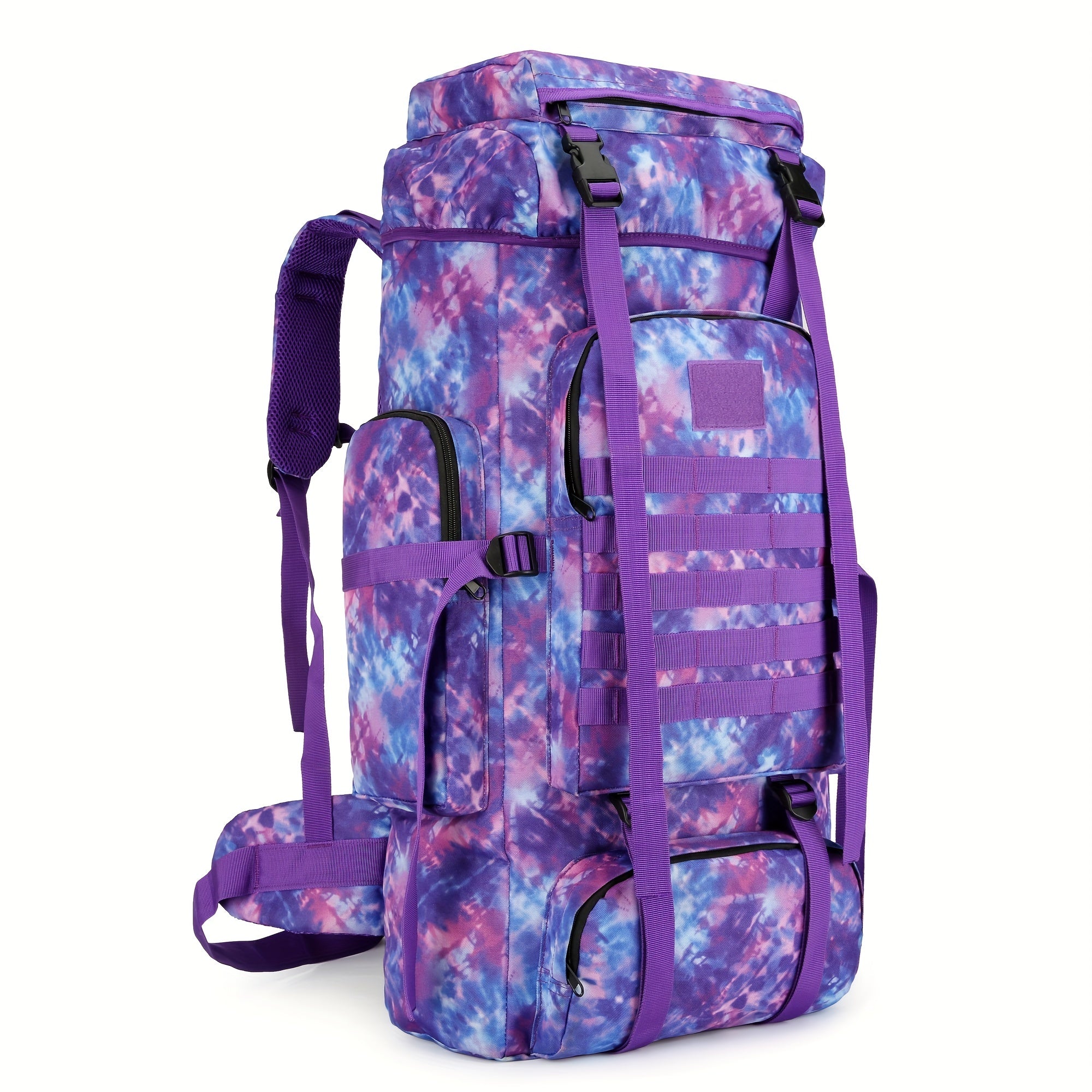 18.49gal Patriotic Purple Tie-Dye Hiking Backpack - Lightweight, Spacious with Flag Emblem, Oxford Material, Adjustable Straps for Trekking, Climbing & Camping