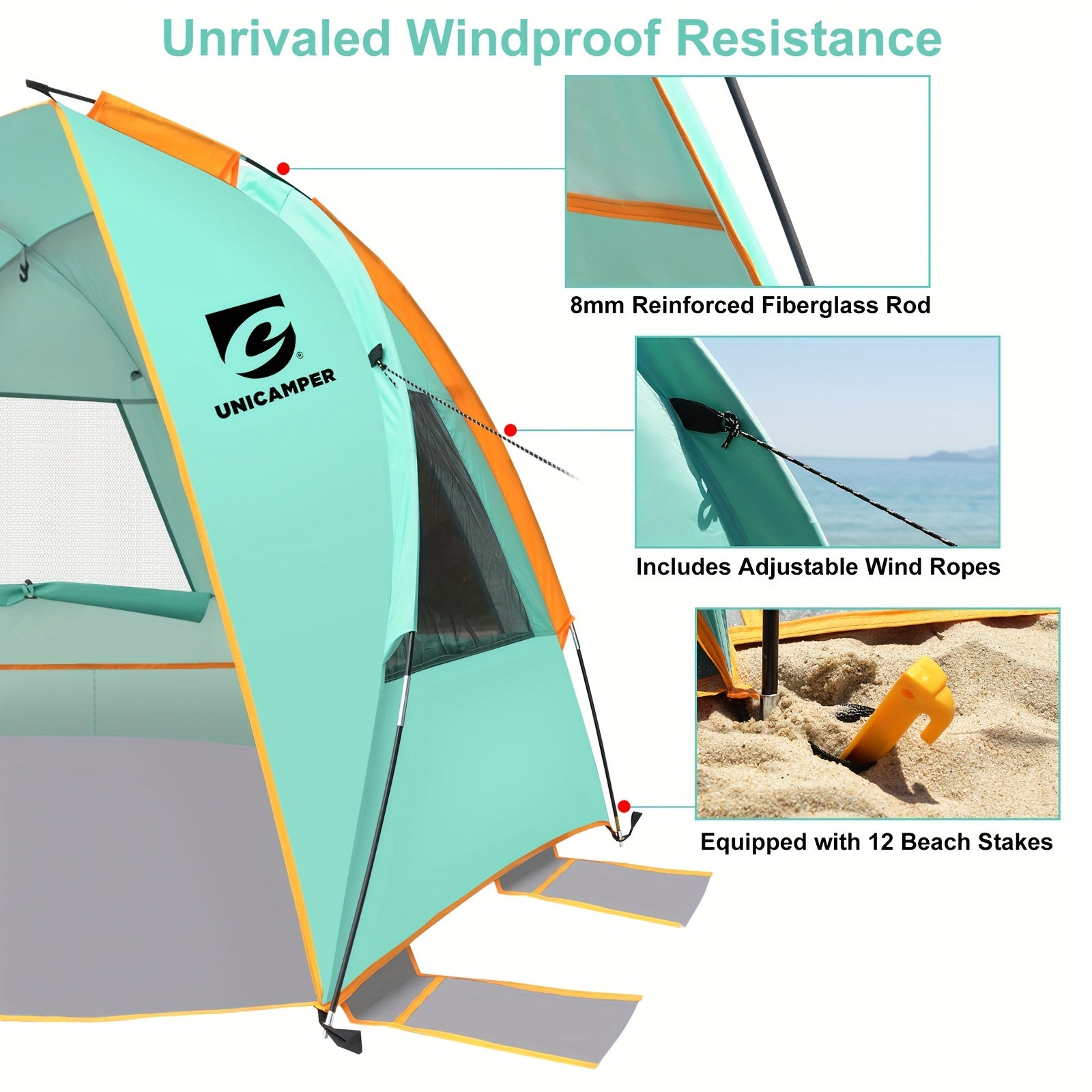 UNICAMPER Strandzelt für 3 Personen, Sonnenschutz UPF 50+ mit verlängertem, wasserdichtem PE-Boden & 3 aufrollbaren Netzfenstern, tragbarer Strandsonnenschutz, einfacher Aufbau für Outdoor-Camping, Indoor, Angeln, Garten. (Grün)
