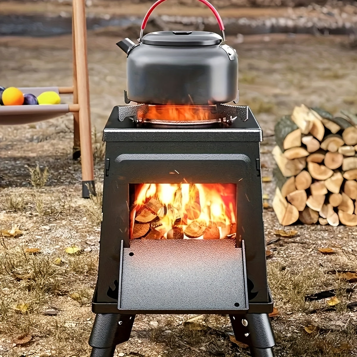 Wood Burning Camp Stove Tragbarer Gusseisenholzofen für Outdoor, Wandern, Picknick, BBQ, Reisen, Schwarz, Tragbarer Heizofen für Camping, Tragbarer Outdoor-Kochofen