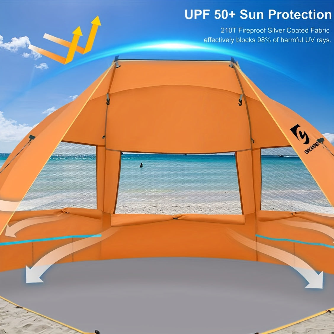 UNICAMPER Strandzelt für 3 Personen, Sonnenschutz UPF 50+ mit verlängertem, wasserdichtem PE-Boden & 3 aufrollbaren Netzfenstern, tragbarer Strandsonnenschutz, einfacher Aufbau für Outdoor-Camping, Indoor, Angeln, Garten. (Grün)