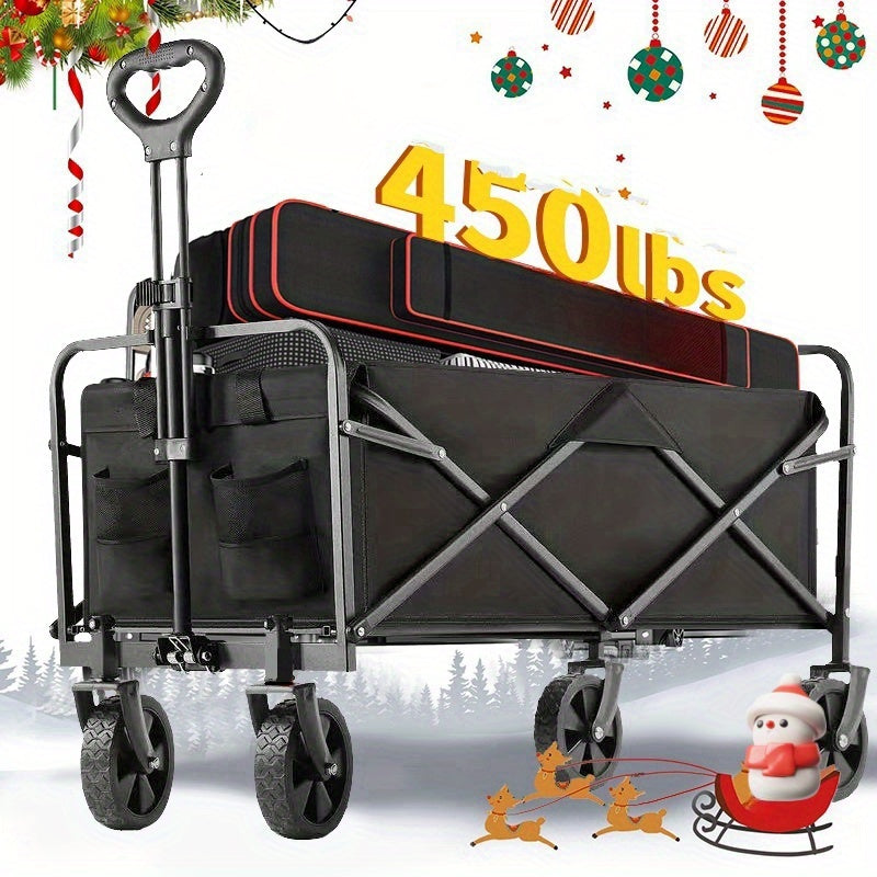 Collapsible Folding Wagon Cart, Track and Field Equipment Transporter Large Capacity Camping Wagon, All-Terrain Foldable Pet Stroller, Heavy-Duty Utility Wagon Cart for Grocery, Outdoor, Beach, Gardening, Shopping, Pet Outings, Fishing - Black