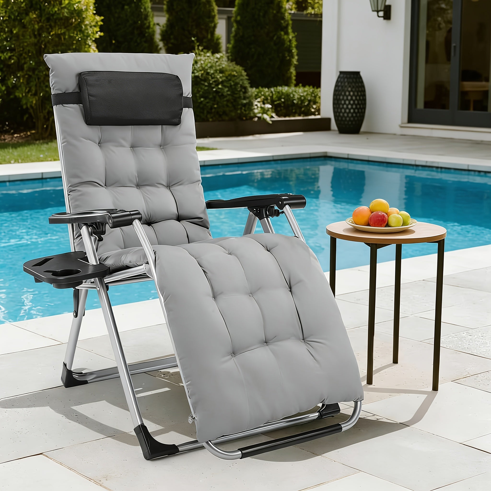  Schwereloser Relaxsessel, klappbare Kopfstützen, Relaxsessel mit Getränkehalter und abnehmbarem Kissen, klappbarer Relaxsessel für drinnen/draußen, Schwarz/Grau