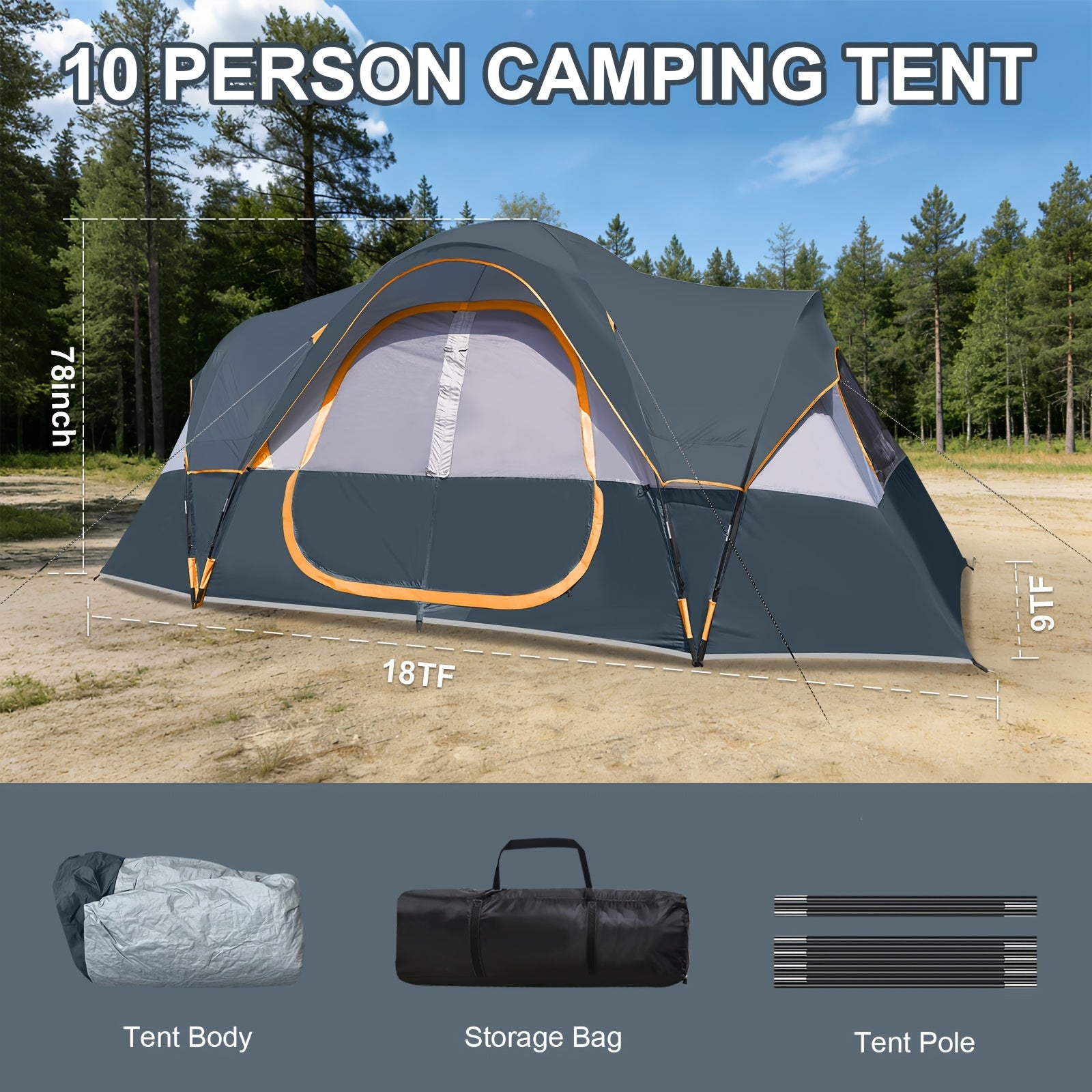 10 Person for family Camping Tent, Spacious 2 Room & Windproof Cabin Tent With Mesh Windows, Easy Setup, Perfect For Family Trips & Outdoor Gatherings