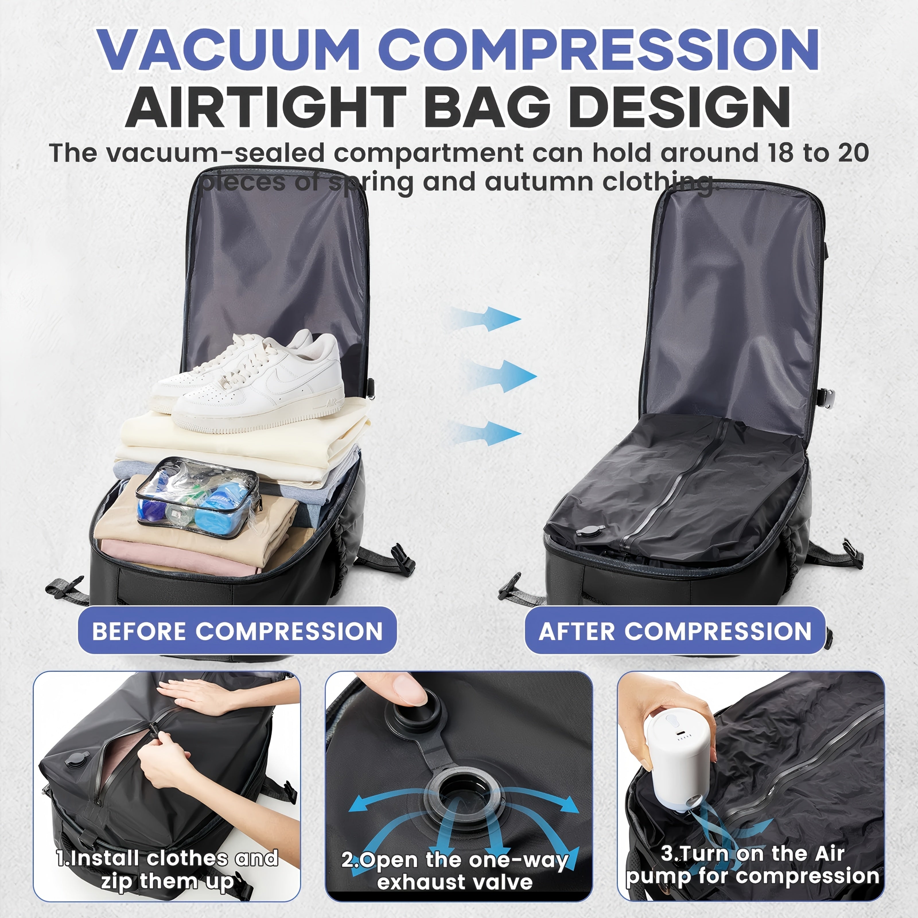 Reisetasche für Damen und Herren mit Vakuumversiegelung, Luftpumpe und erweiterbarem Design, ideal zum Transport von Laptops und zur Maximierung des Platzes