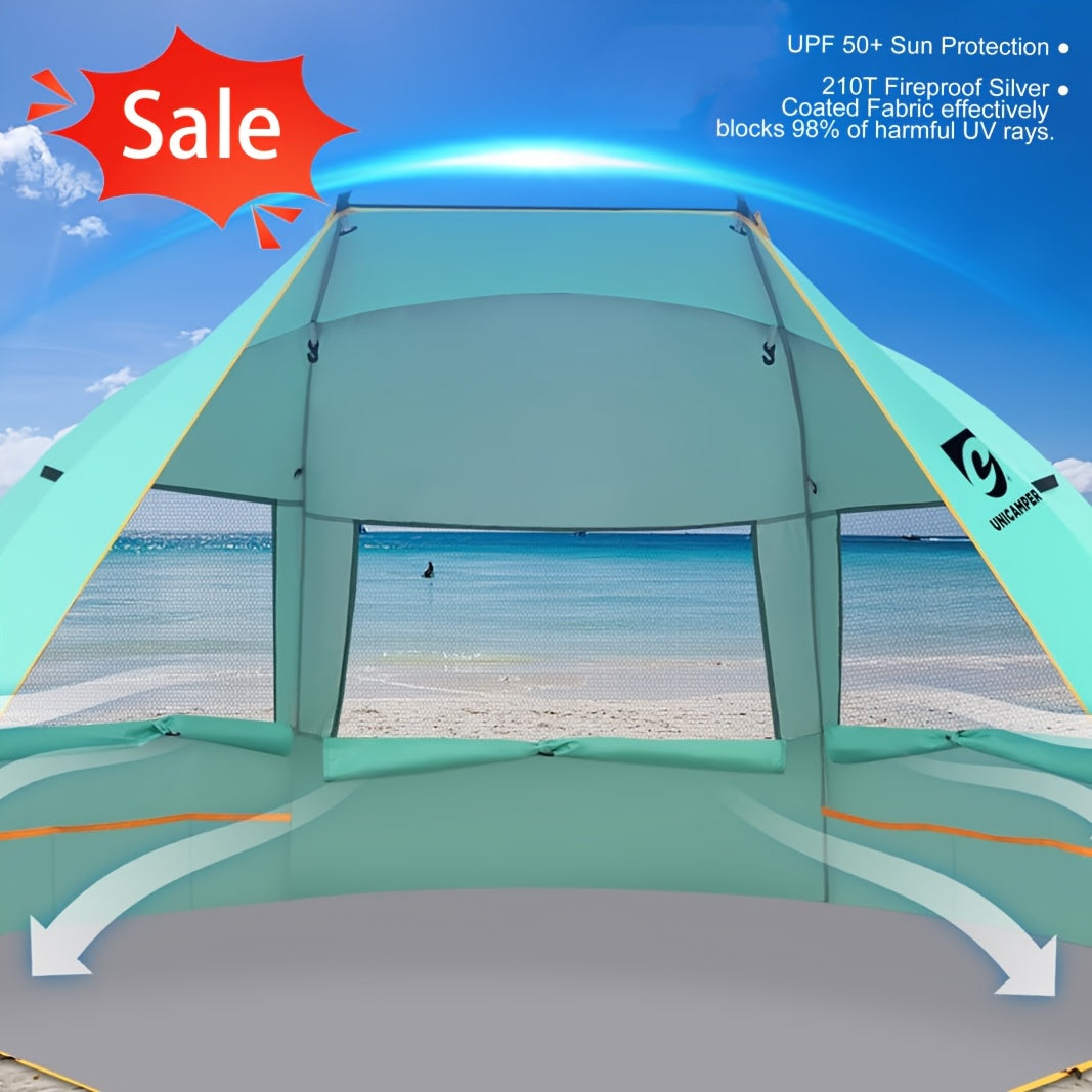 UNICAMPER Strandzelt für 3 Personen, Sonnenschutz UPF 50+ mit verlängertem, wasserdichtem PE-Boden & 3 aufrollbaren Netzfenstern, tragbarer Strandsonnenschutz, einfacher Aufbau für Outdoor-Camping, Indoor, Angeln, Garten. (Grün)