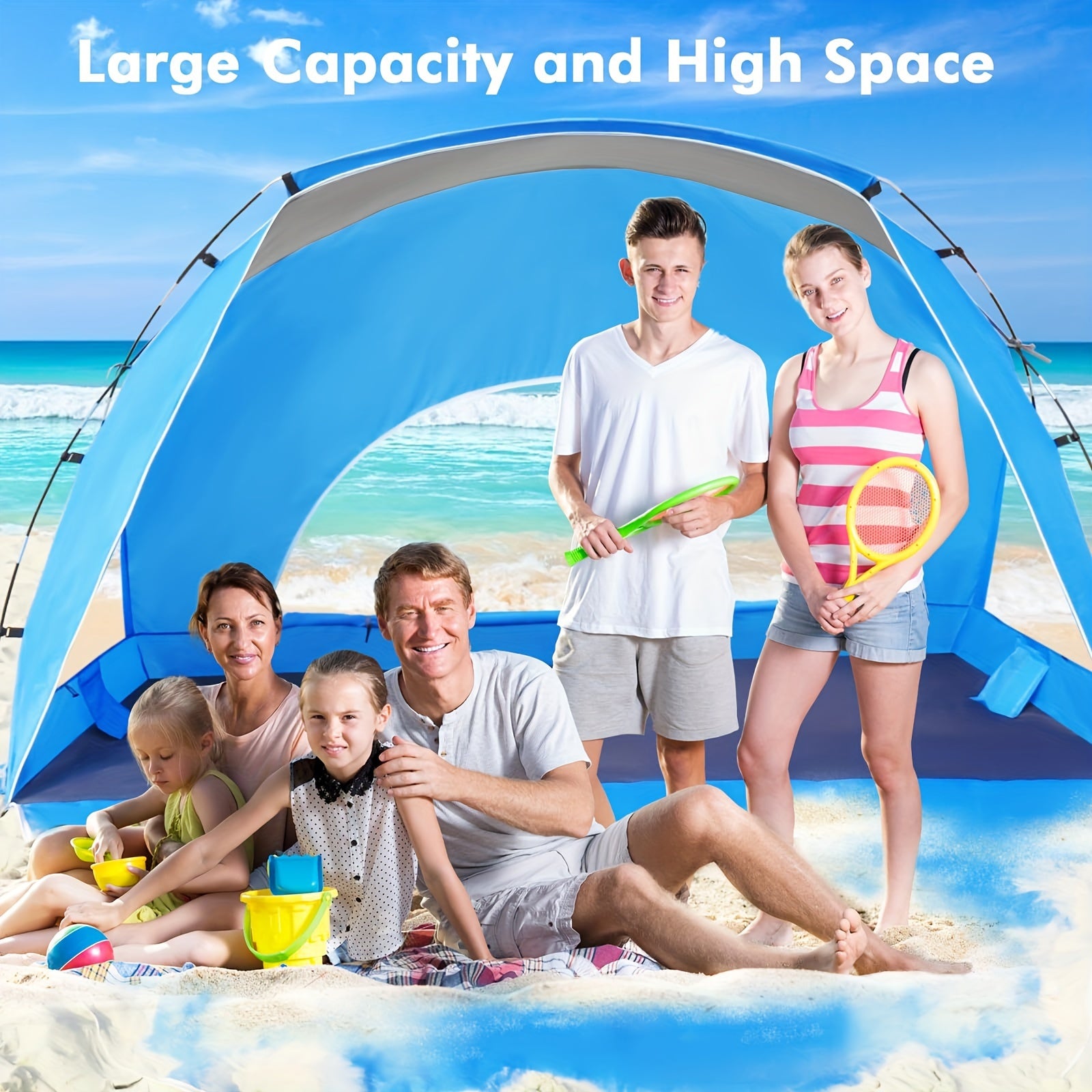 Beach Tent, Beach Canopy Shade Tent with UPF 50+UV Protection for 4-6 Person, High Quality Portable Easy Setup Beach Sun Shelter Tent for Outdoor Adventures, Camping, And Picnics with Carrying Bag