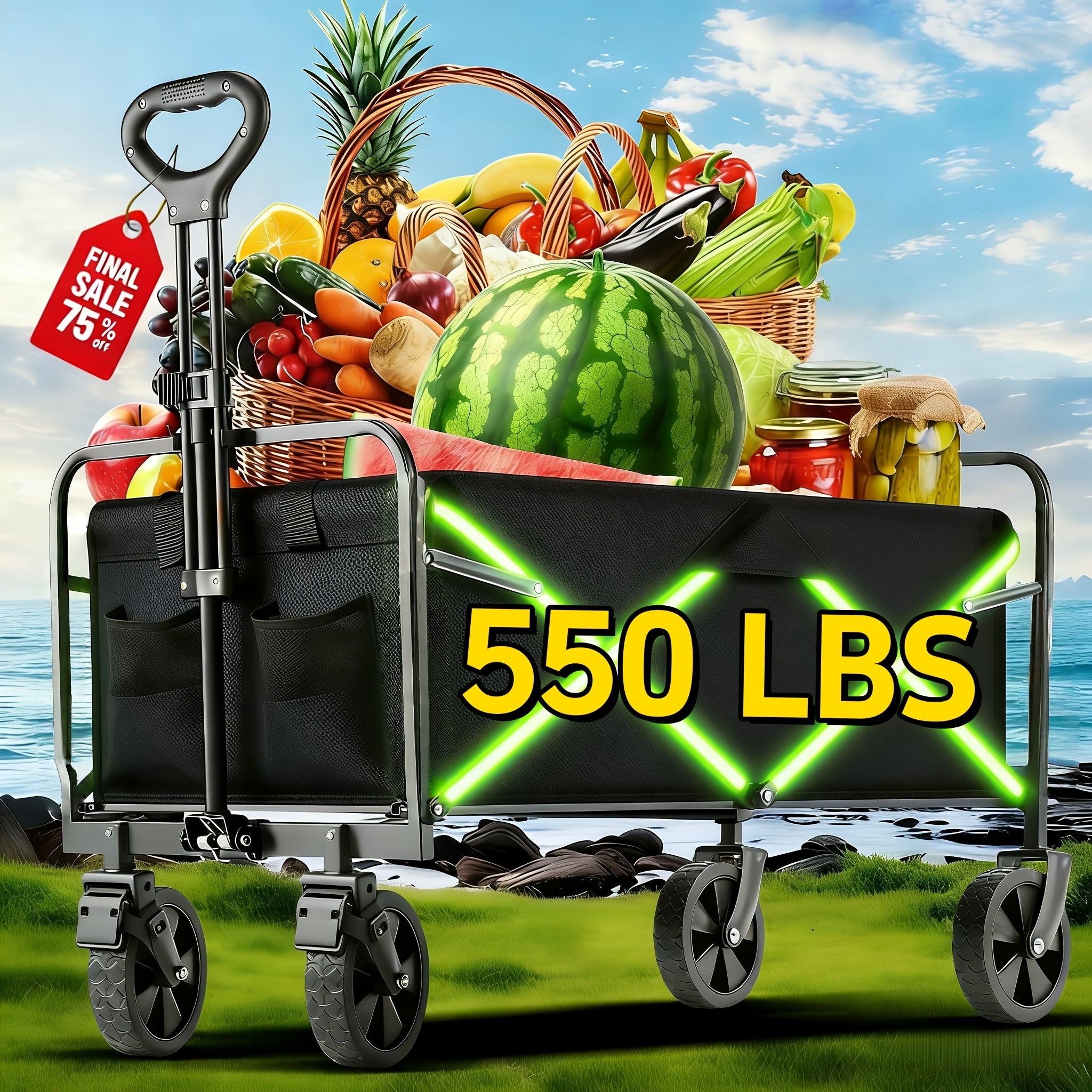 220LBS/ 450LBS/ 680LBS All Terrain Heavy Duty Folding Cart, Large Capacity Camper Suitable for Yard Shopping/ Sports/ Outdoor/ Gardening Equipment Handling, Black Multifunctional Utility Cart