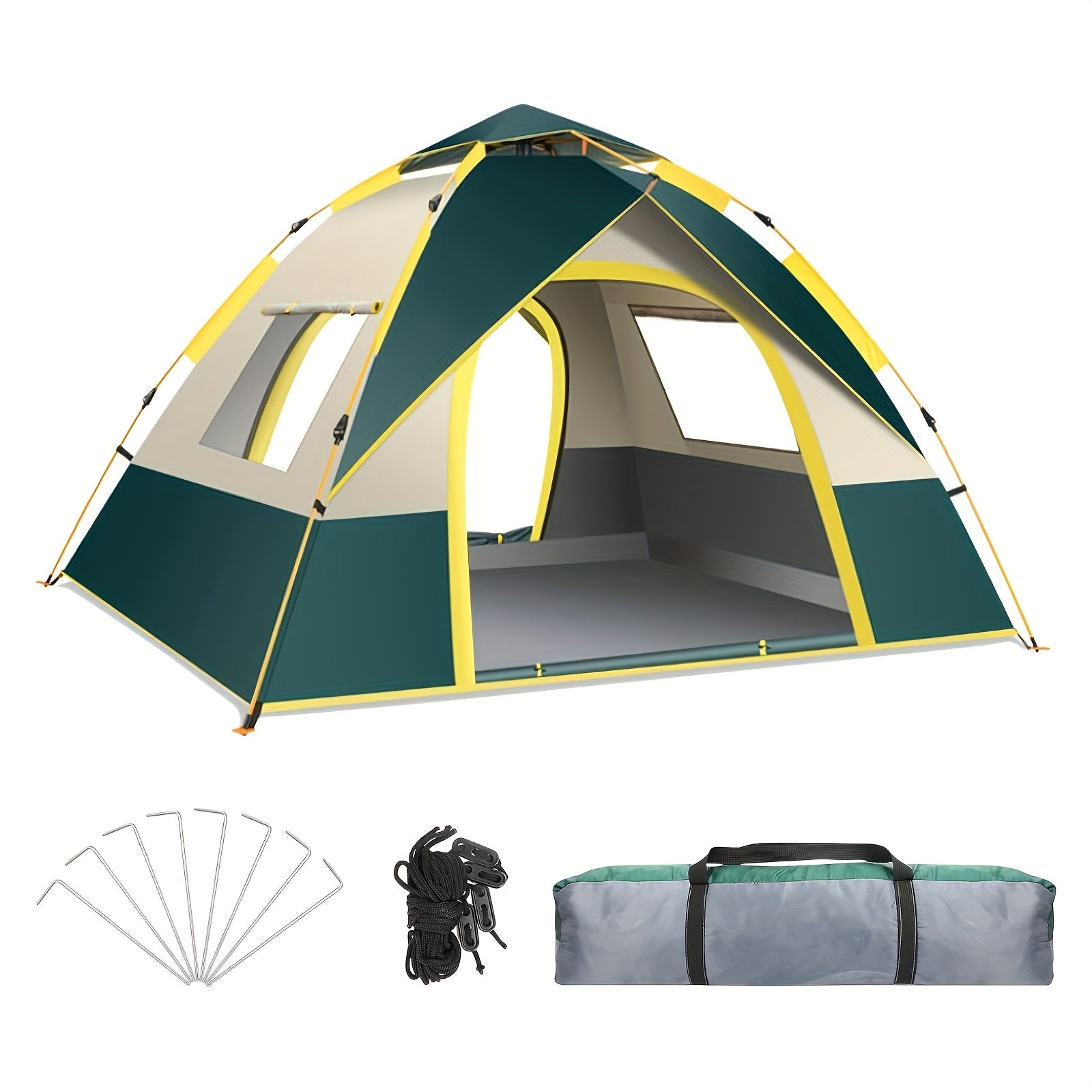 Blitzschnell aufgebautes Campingzelt für 1-3 oder 3-4 Personen – Ganzjahreszelt mit zwei Eingängen und Netzfenstern, leicht und in Grün/Gelb, ideal für Camping, Wandern, Jagd, Reisen und als Outdoor-Schutz, perfekt für die Ausrüstung von Campern