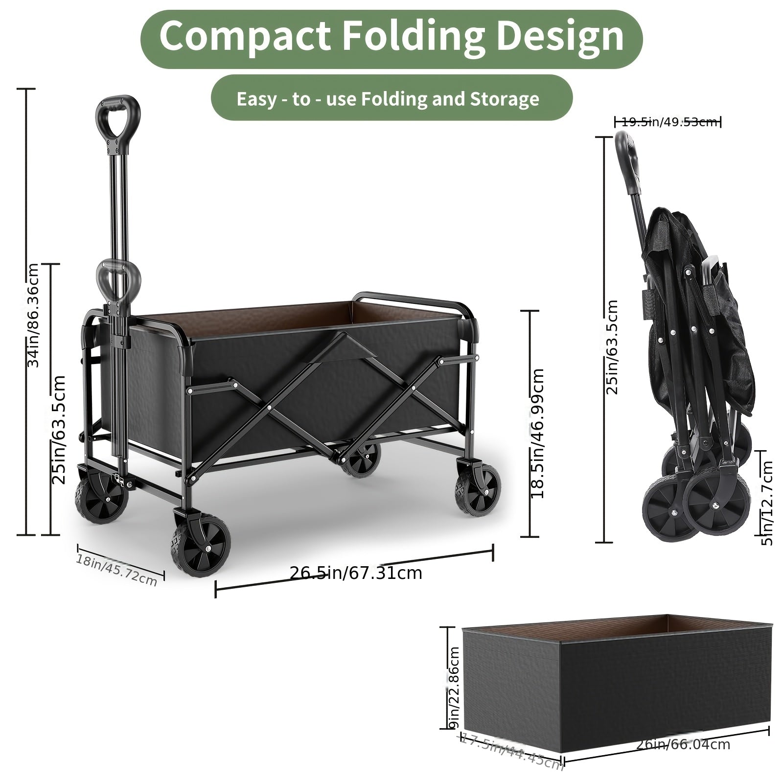 Collapsible Folding Wagon Cart, Track and Field Equipment Transporter Large Capacity Camping Wagon, All-Terrain Foldable Pet Stroller, Heavy-Duty Utility Wagon Cart for Grocery, Outdoor, Beach, Gardening, Shopping, Pet Outings, Fishing - Black
