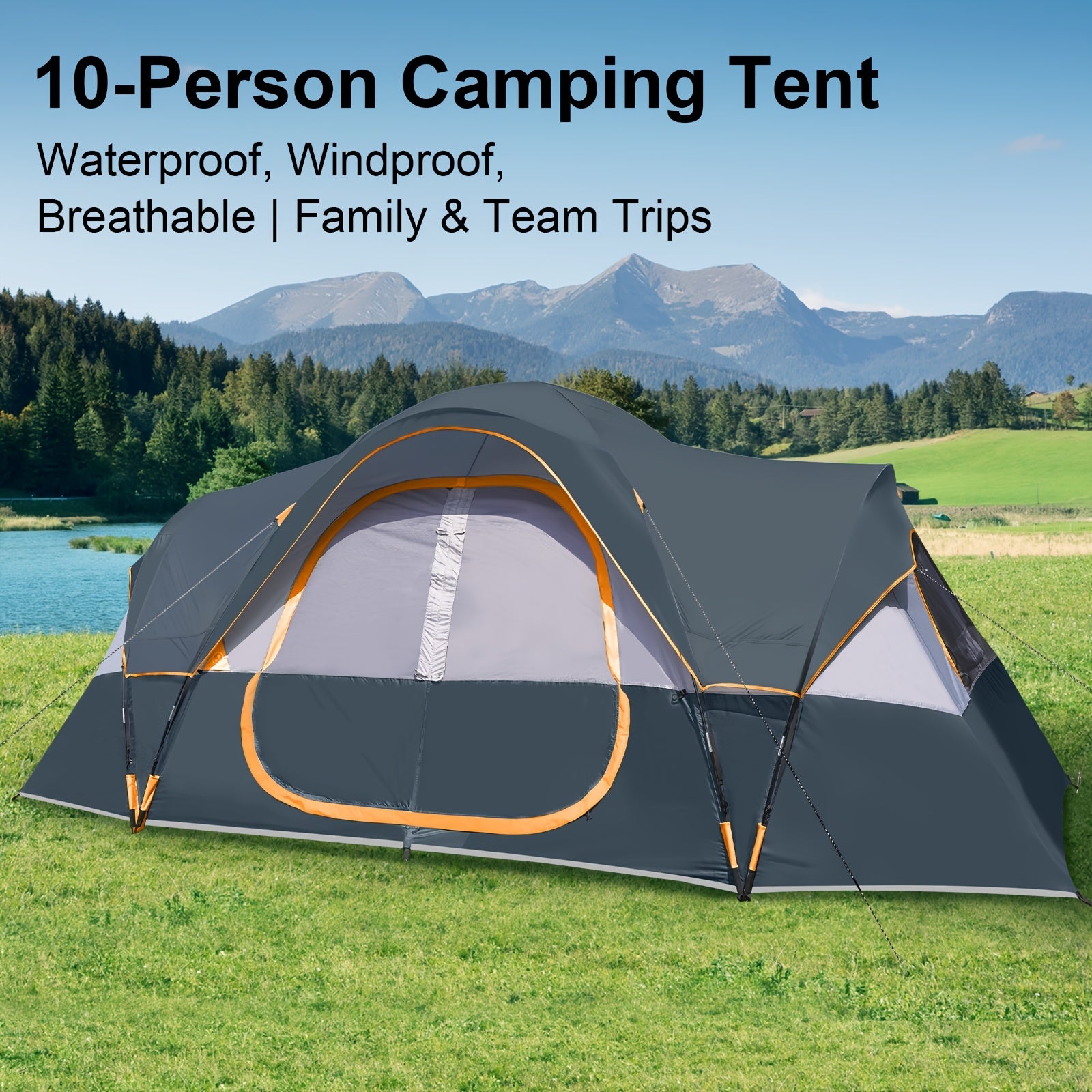 10 Person for family Camping Tent, Spacious 2 Room & Windproof Cabin Tent With Mesh Windows, Easy Setup, Perfect For Family Trips & Outdoor Gatherings
