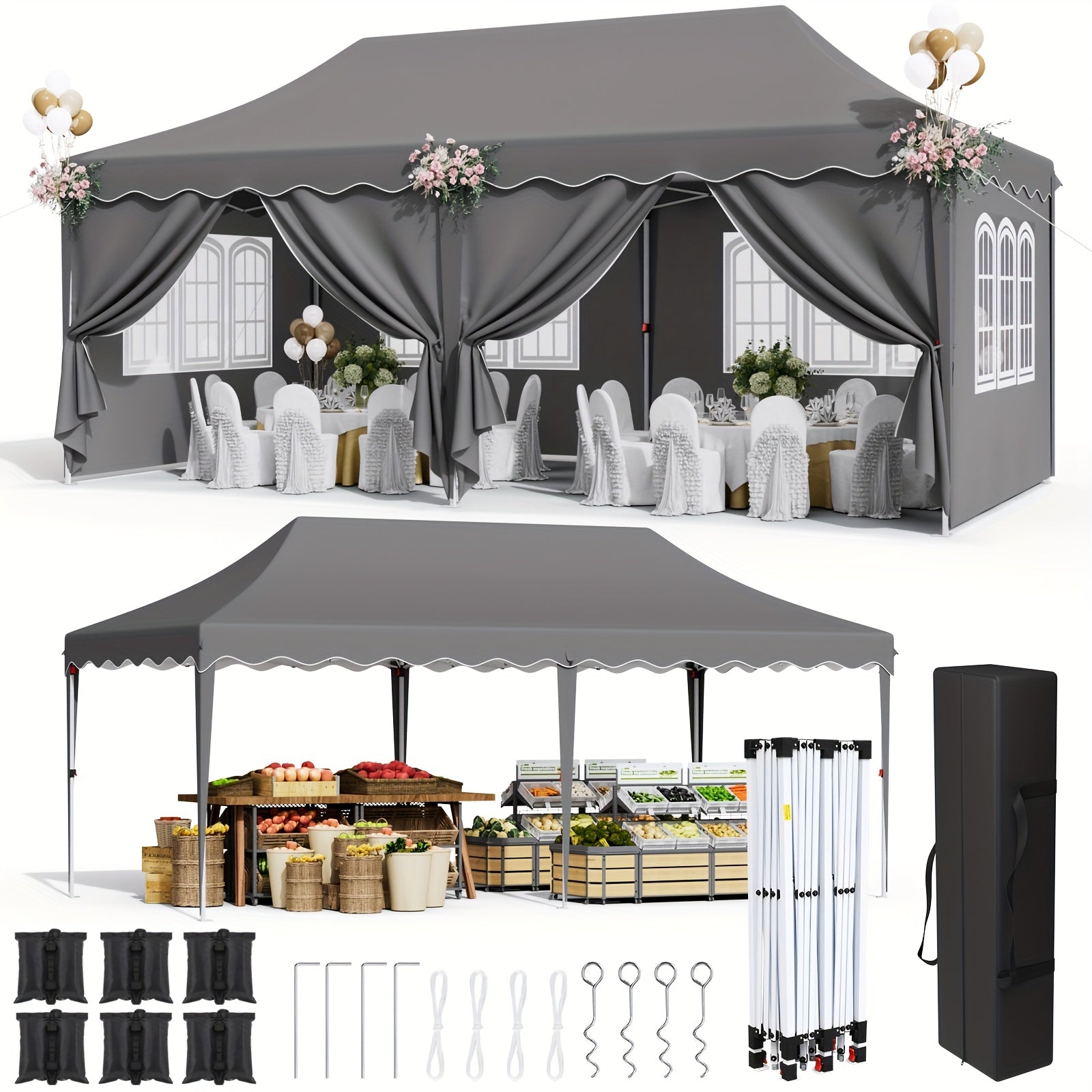 10X20Ft/10X10Ft Pop Up Canopy Tent with Sidewalls, Heavy Duty Wedding Party Tent, Height Adjustable Outdoor Portable Gazebo, Instant Sun Protection Shelter, with Wheeled Bag