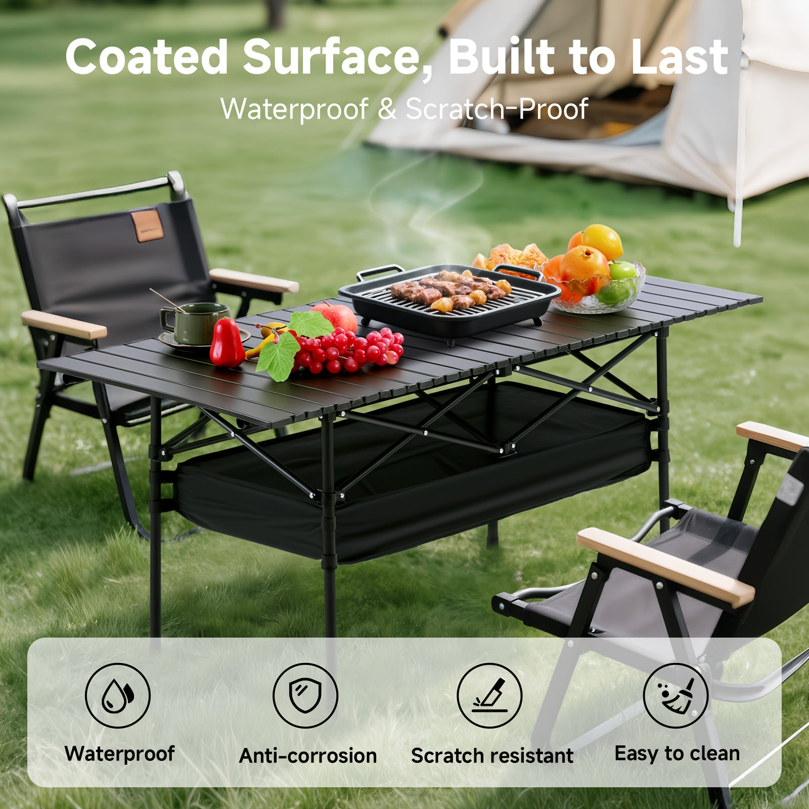 Klappbarer Campingtisch, klappbarer Outdoor-Campingtisch mit Netz-Aufbewahrungstasche und Tragetasche, tragbarer Aluminium-Rolltisch für Innen- und Außenbereich, Camping, Strand, Garten, Grillen, Partys, Terrasse, Picknick, leicht zu verstauen