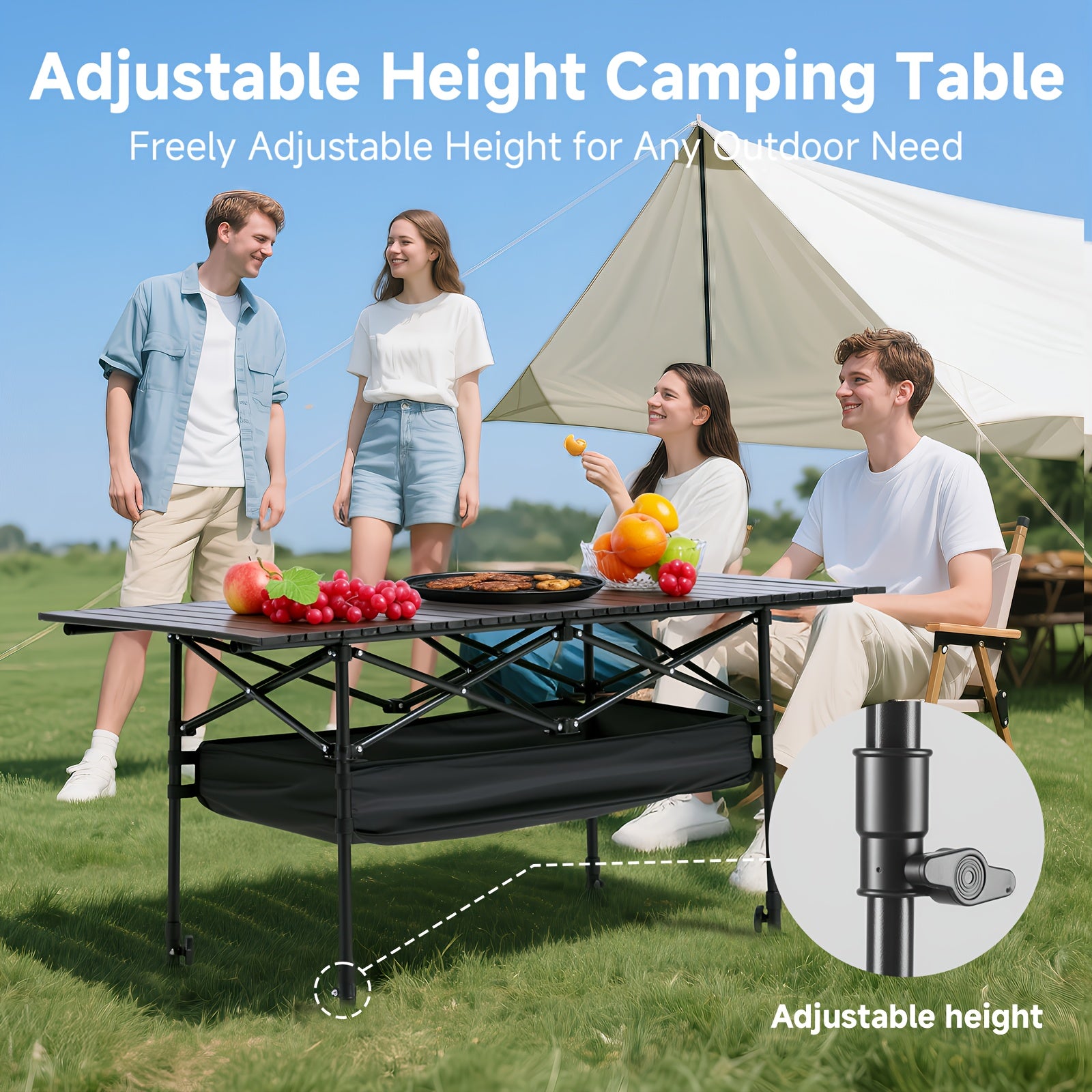 Klappbarer Campingtisch, klappbarer Outdoor-Campingtisch mit Netz-Aufbewahrungstasche und Tragetasche, tragbarer Aluminium-Rolltisch für Innen- und Außenbereich, Camping, Strand, Garten, Grillen, Partys, Terrasse, Picknick, leicht zu verstauen