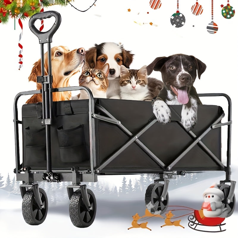 Collapsible Folding Wagon Cart, Track and Field Equipment Transporter Large Capacity Camping Wagon, All-Terrain Foldable Pet Stroller, Heavy-Duty Utility Wagon Cart for Grocery, Outdoor, Beach, Gardening, Shopping, Pet Outings, Fishing - Black