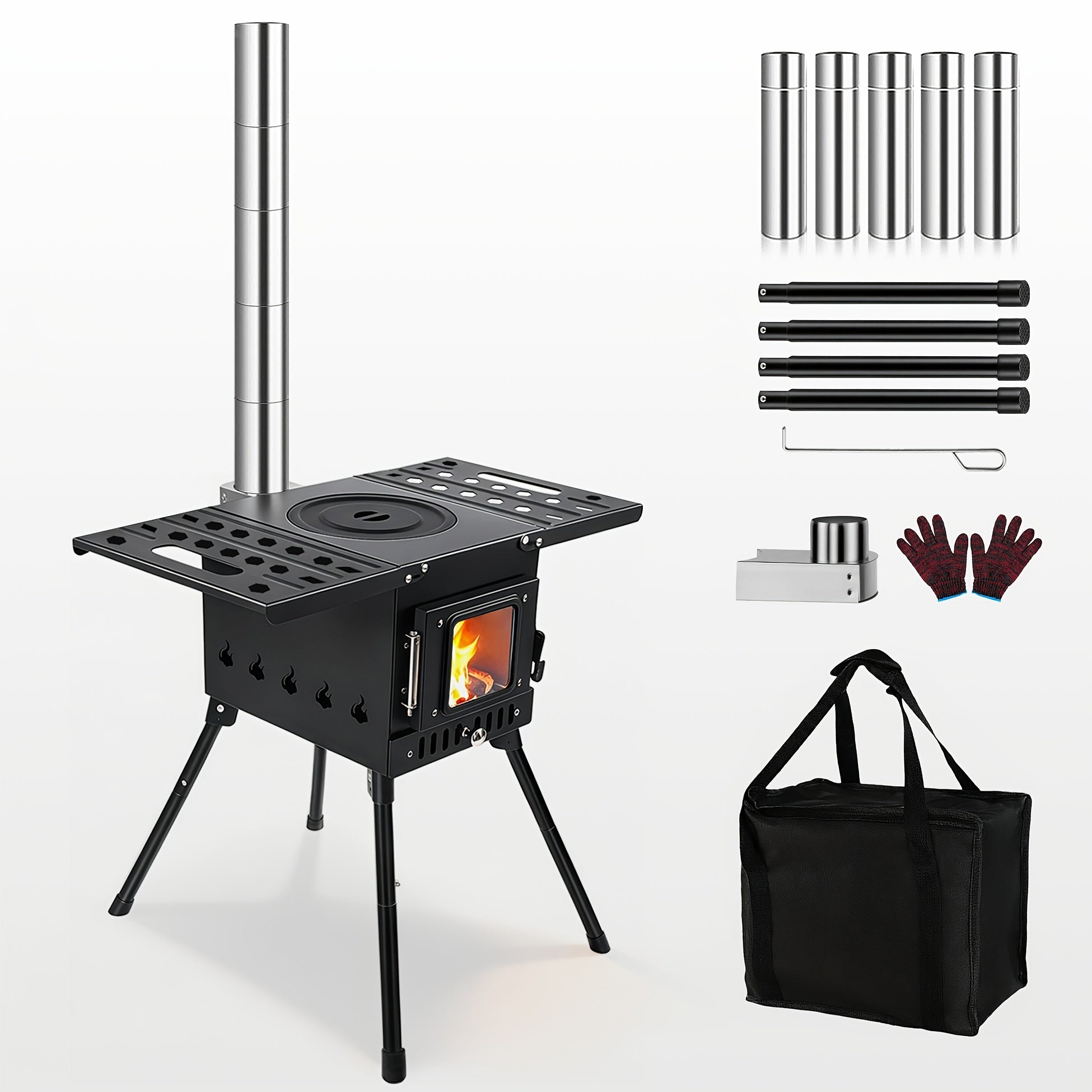 Wood Burning Camp Stove Tragbarer Gusseisenholzofen für Outdoor, Wandern, Picknick, BBQ, Reisen, Schwarz, Tragbarer Heizofen für Camping, Tragbarer Outdoor-Kochofen