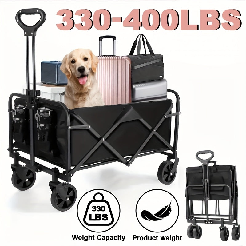 Collapsible Folding Wagon Cart, Track and Field Equipment Transporter Large Capacity Camping Wagon, All-Terrain Foldable Pet Stroller, Heavy-Duty Utility Wagon Cart for Grocery, Outdoor, Beach, Gardening, Shopping, Pet Outings, Fishing - Black