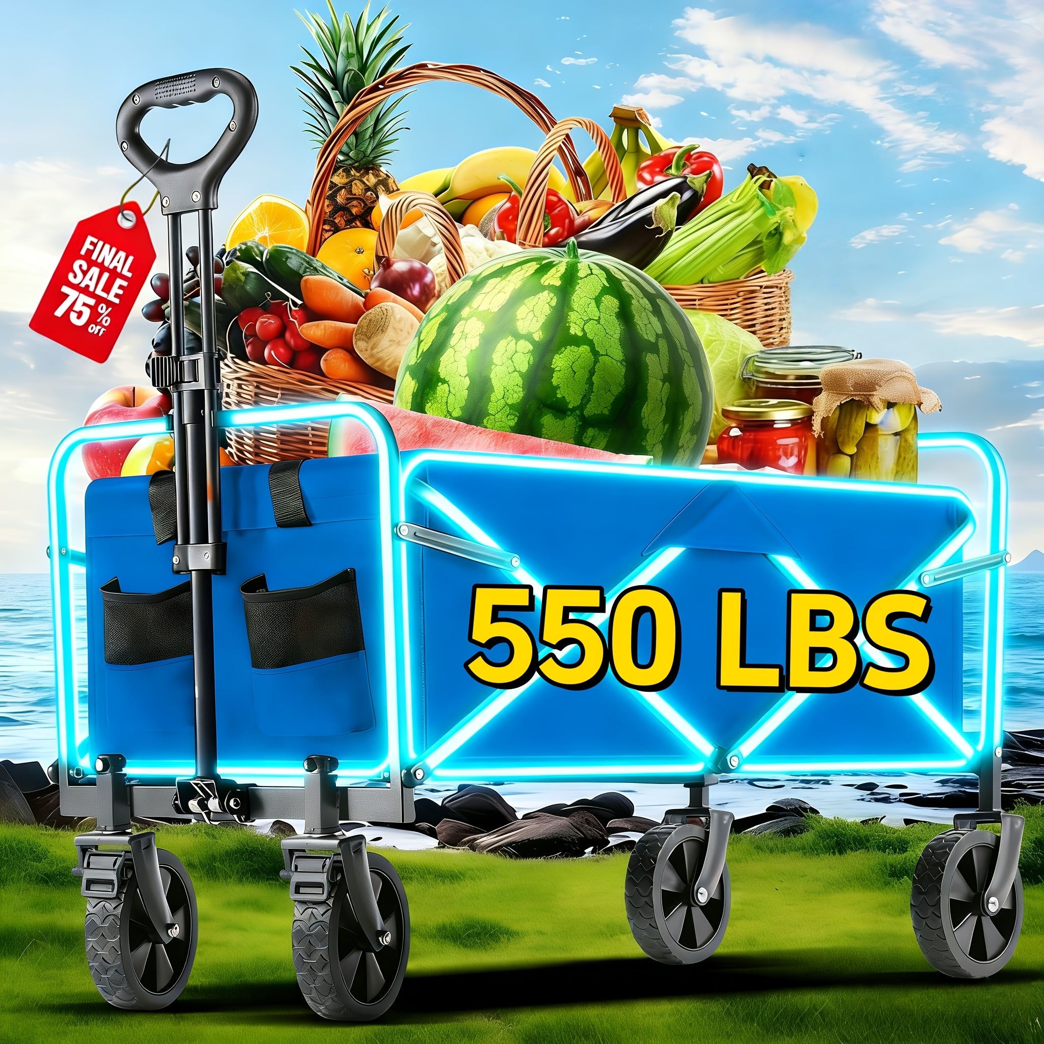 220LBS/ 450LBS/ 680LBS All Terrain Heavy Duty Folding Cart, Large Capacity Camper Suitable for Yard Shopping/ Sports/ Outdoor/ Gardening Equipment Handling, Black Multifunctional Utility Cart