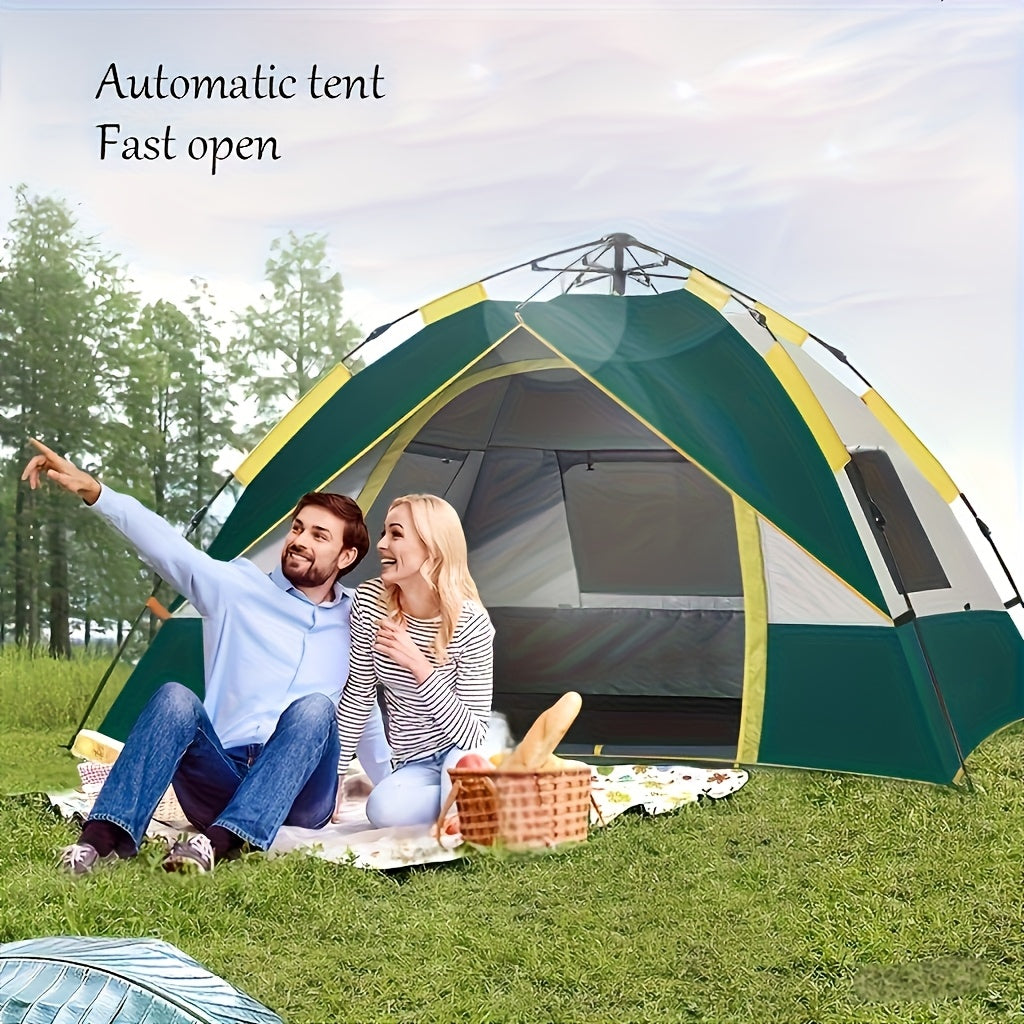 Blitzschnell aufgebautes Campingzelt für 1-3 oder 3-4 Personen – Ganzjahreszelt mit zwei Eingängen und Netzfenstern, leicht und in Grün/Gelb, ideal für Camping, Wandern, Jagd, Reisen und als Outdoor-Schutz, perfekt für die Ausrüstung von Campern