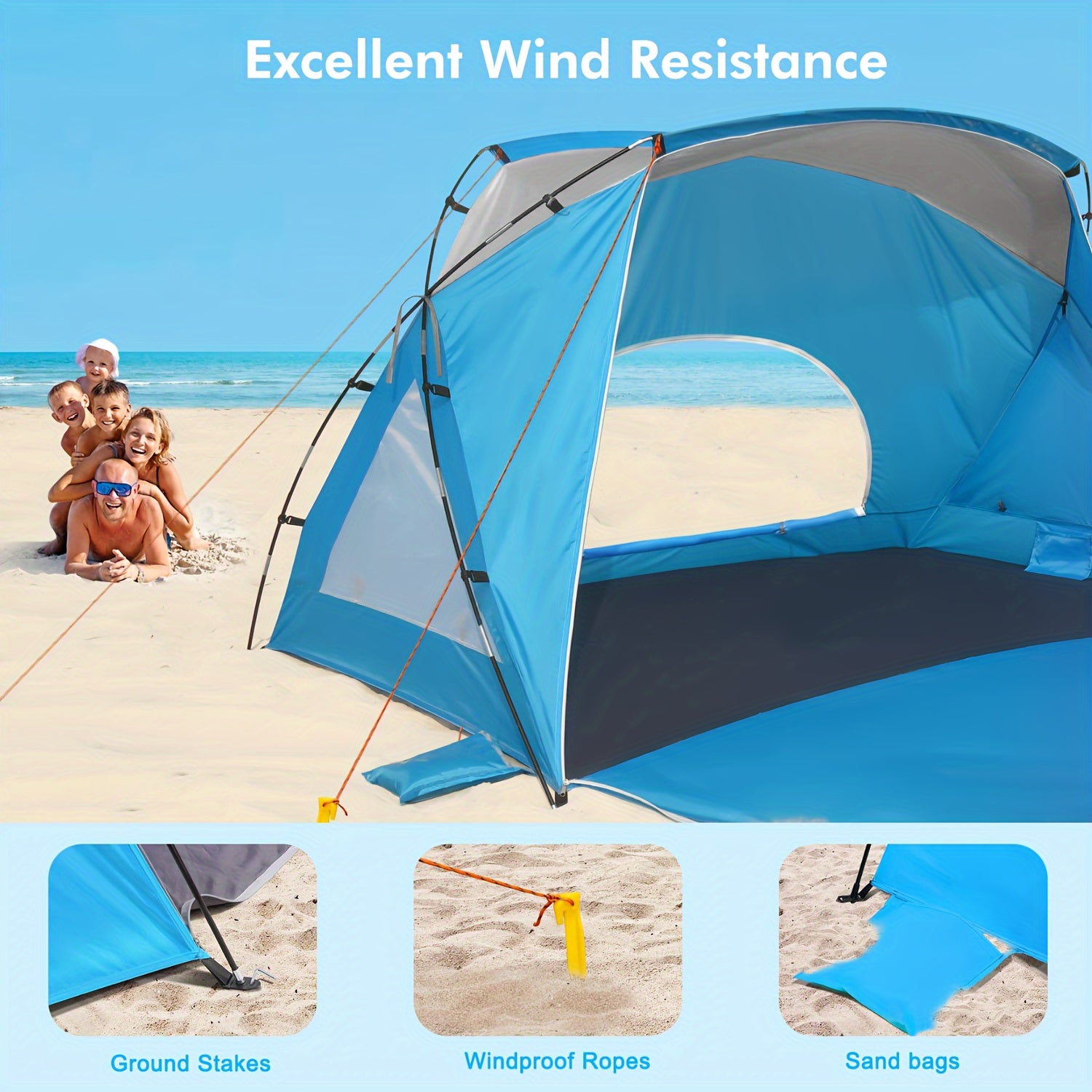 Beach Tent, Beach Canopy Shade Tent with UPF 50+UV Protection for 4-6 Person, High Quality Portable Easy Setup Beach Sun Shelter Tent for Outdoor Adventures, Camping, And Picnics with Carrying Bag