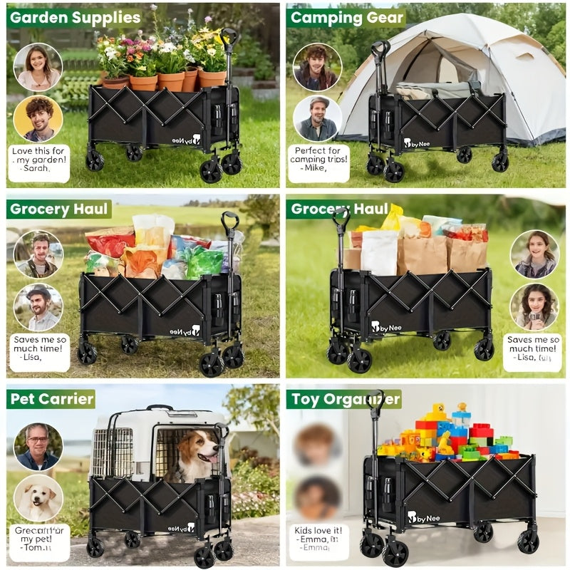 Vielseitiger, zusammenklappbarer Wagen mit großer Kapazität, geeignet für Camping und alle Terrains, konzipiert für den robusten Einsatz beim Lebensmitteleinkauf, Outdoor-Aktivitäten, Strandausflügen, Gartenarbeit, Einkaufen und Angeln, in Schwarz