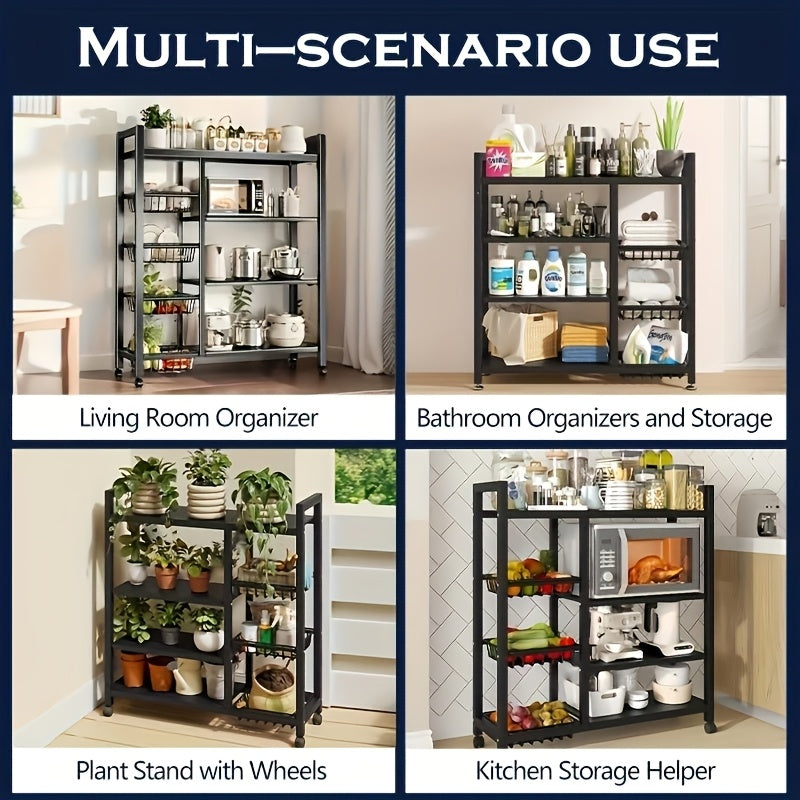 Office Storage And Organization Cart, 1pc Movable Storage Rack, Adjustable Kitchen Shelf with Wire Baskets, Kitchen Organizer And Storage, Metal Shelf Rack with Wheels, Suitable for Garage