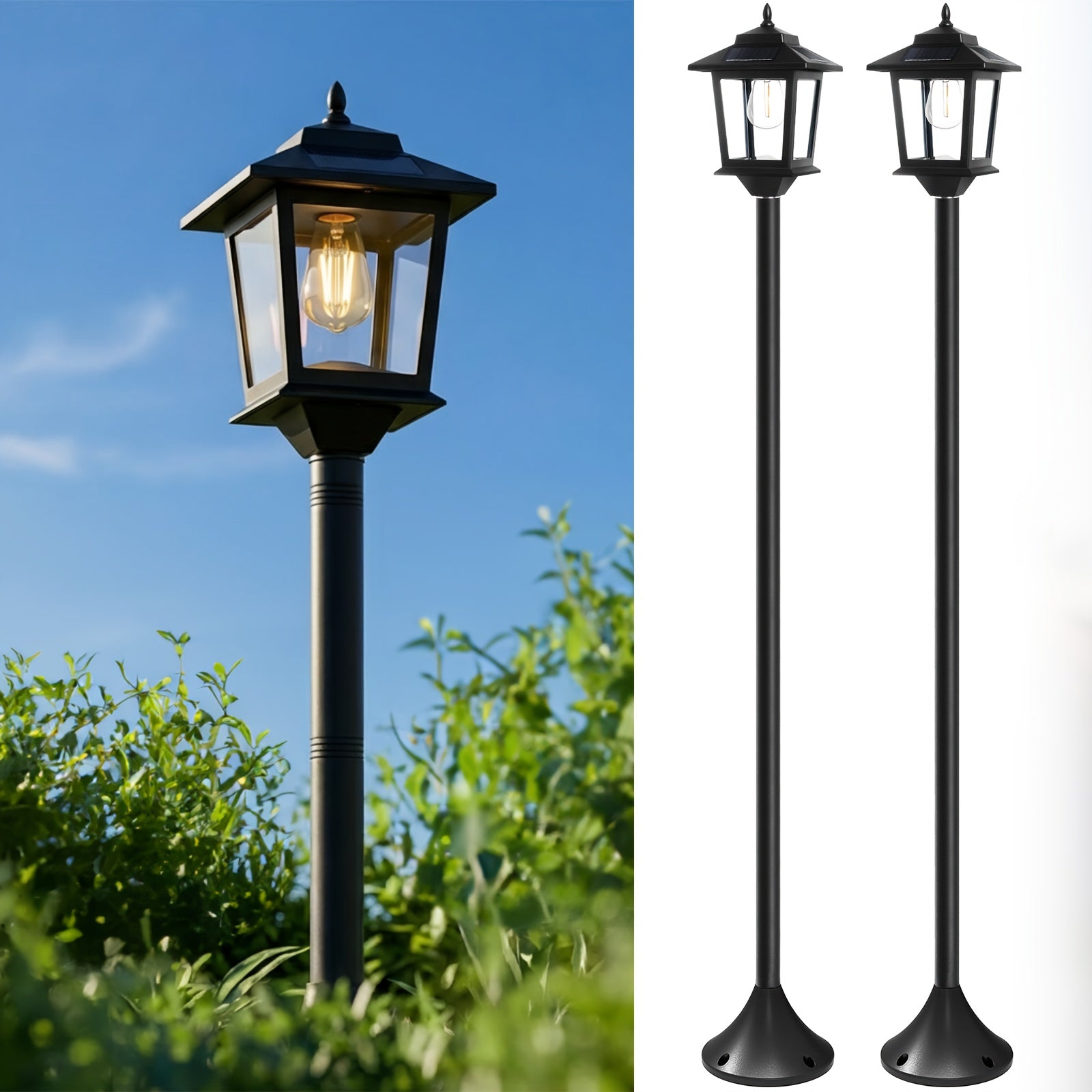 2 Pack 63in Solar Lamp Post Lights, Outdoor Post Lights, Christmas Decorations, Pole Lights Outdoor, Decorative Lamp for Garden, Patio, Lawn, Pathway, Driveway, Front/Back Door, Warm White, Replaceable Bulb, 1800LM