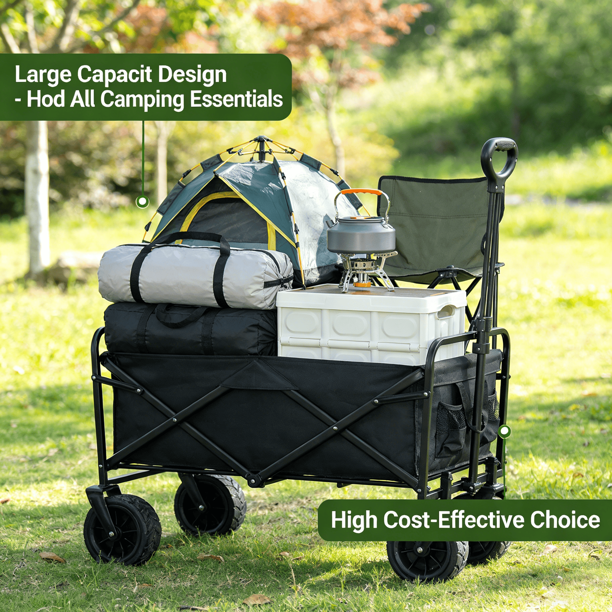 [Heavy Duty Folding Cart] Schwerlast-Geländeklappwagen 350LBS/ 520LBS/ 780LBS | Große Kapazität Camper Utility Cart für Garten-Einkäufe, Sport, Outdoor, Gartenausrüstung - Schwarz Multifunktional