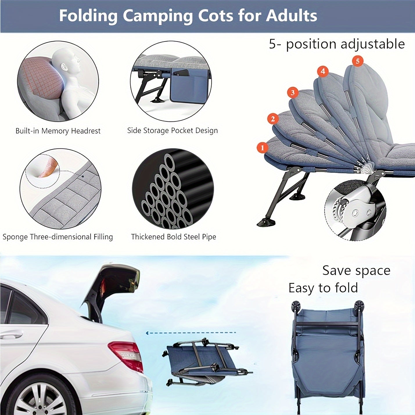 550 Lbs Weight Capacity Patio Party Resting Folding Camping Bed, 70.87inch Adjustable Folding Deck Chair, Perfect for Adults, Travel, Beach And Camping Adventures, Easy to Carry