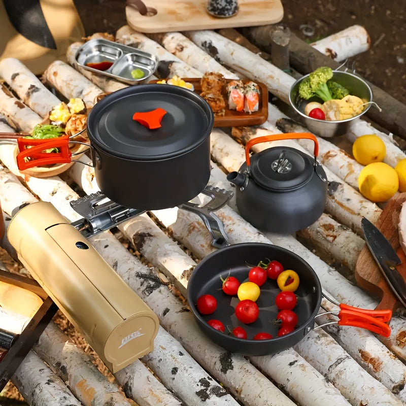 Outdoor-Ausrüstungspaket, 18-teiliges tragbares winddichtes Camping-Kochgeschirr-Set + großes 2-6-Personen-Familienzelt (getrennte Wohn- und Schlafbereiche), winddicht und tragbar für Camping, Wandern, Picknicks & Reisen