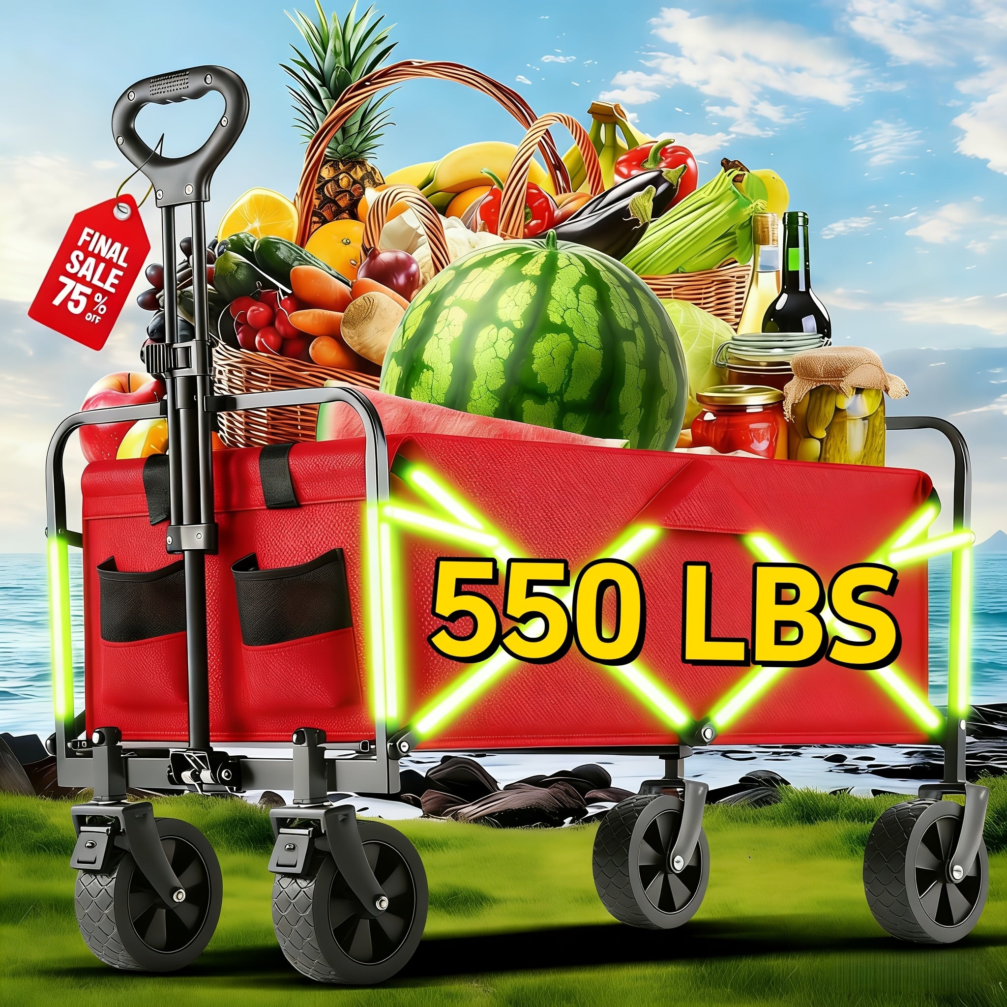 220LBS/ 450LBS/ 680LBS All Terrain Heavy Duty Folding Cart, Large Capacity Camper Suitable for Yard Shopping/ Sports/ Outdoor/ Gardening Equipment Handling, Black Multifunctional Utility Cart