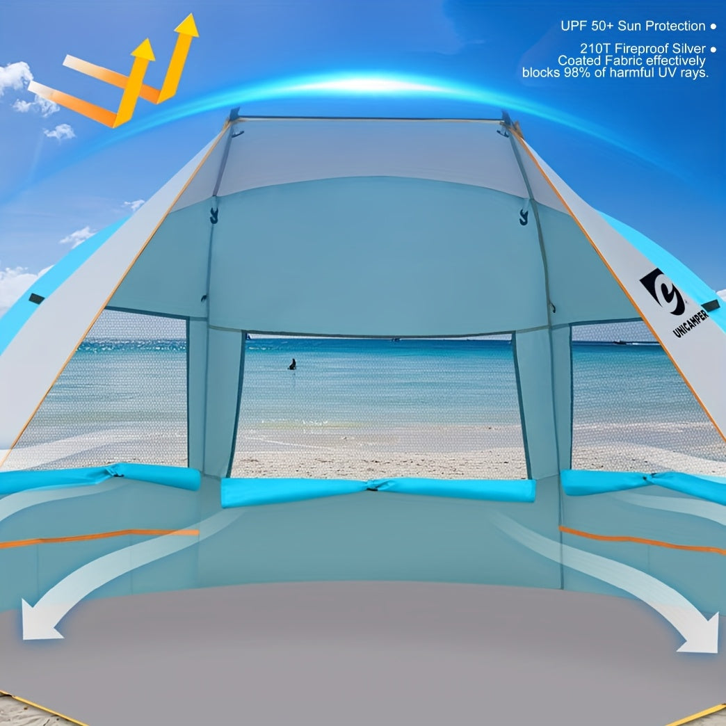 UNICAMPER Strandzelt für 3 Personen, Sonnenschutz UPF 50+ mit verlängertem, wasserdichtem PE-Boden & 3 aufrollbaren Netzfenstern, tragbarer Strandsonnenschutz, einfacher Aufbau für Outdoor-Camping, Indoor, Angeln, Garten. (Grün)