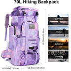 18.49gal Patriotic Purple Tie-Dye Hiking Backpack - Lightweight, Spacious with Flag Emblem, Oxford Material, Adjustable Straps for Trekking, Climbing & Camping