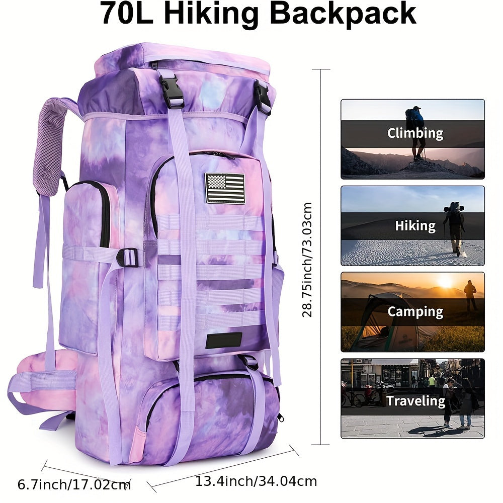 18.49gal Patriotic Purple Tie-Dye Hiking Backpack - Lightweight, Spacious with Flag Emblem, Oxford Material, Adjustable Straps for Trekking, Climbing & Camping