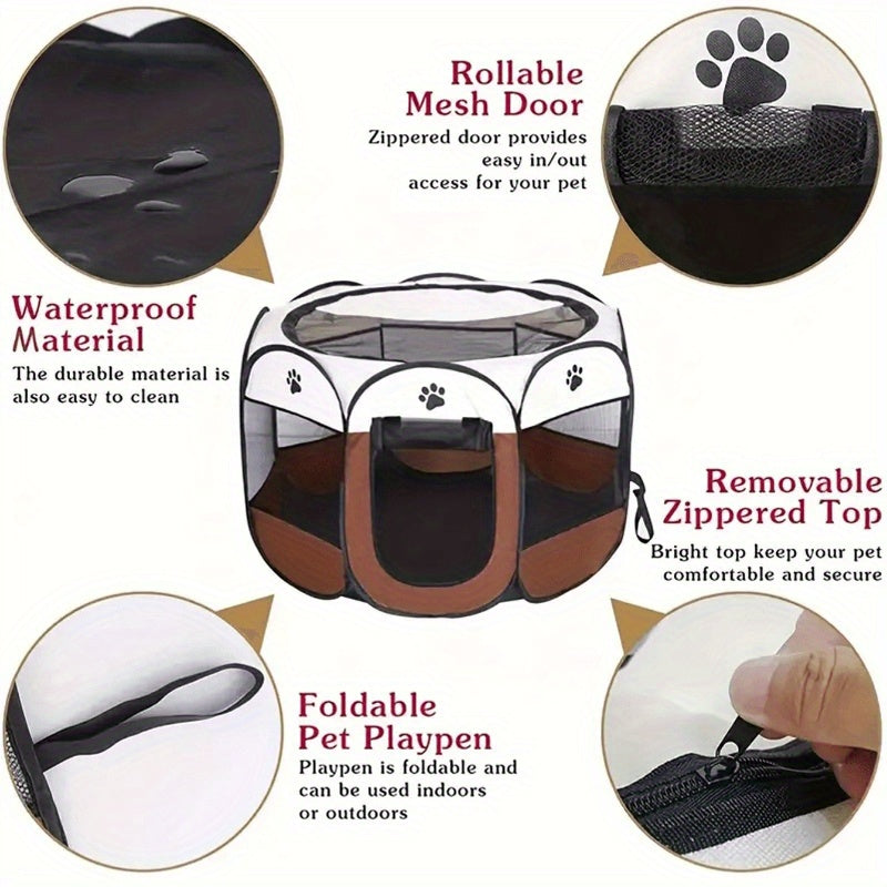 Durable Oxford Cloth Octagonal Pet Playpen for Cats and Dogs - Foldable, Scratch Resistant, Two-tone Design with Paw Print Accents, Indoor/ Outdoor Use (S, M, L), Portable Pet Playpen | Travel-Friendly Pet Pen | Durable Pet Tent