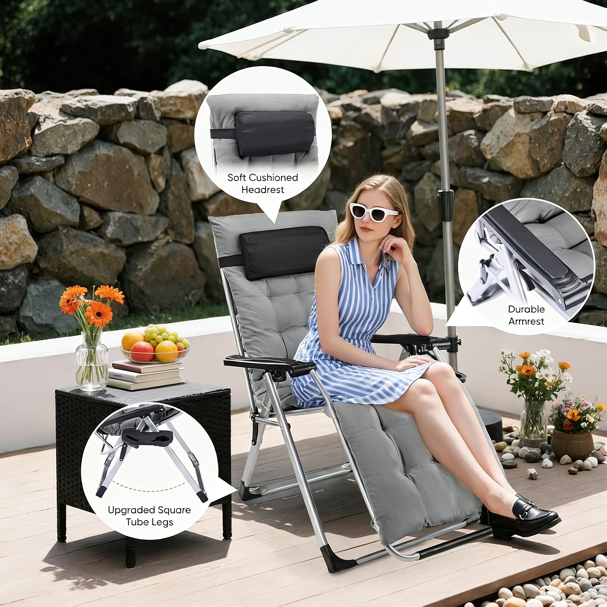  Schwereloser Relaxsessel, klappbare Kopfstützen, Relaxsessel mit Getränkehalter und abnehmbarem Kissen, klappbarer Relaxsessel für drinnen/draußen, Schwarz/Grau