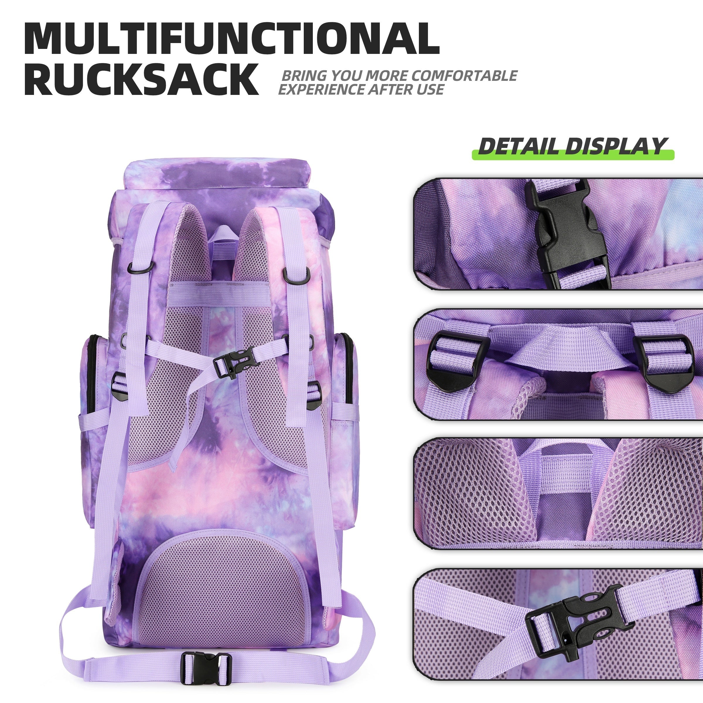 18.49gal Patriotic Purple Tie-Dye Hiking Backpack - Lightweight, Spacious with Flag Emblem, Oxford Material, Adjustable Straps for Trekking, Climbing & Camping