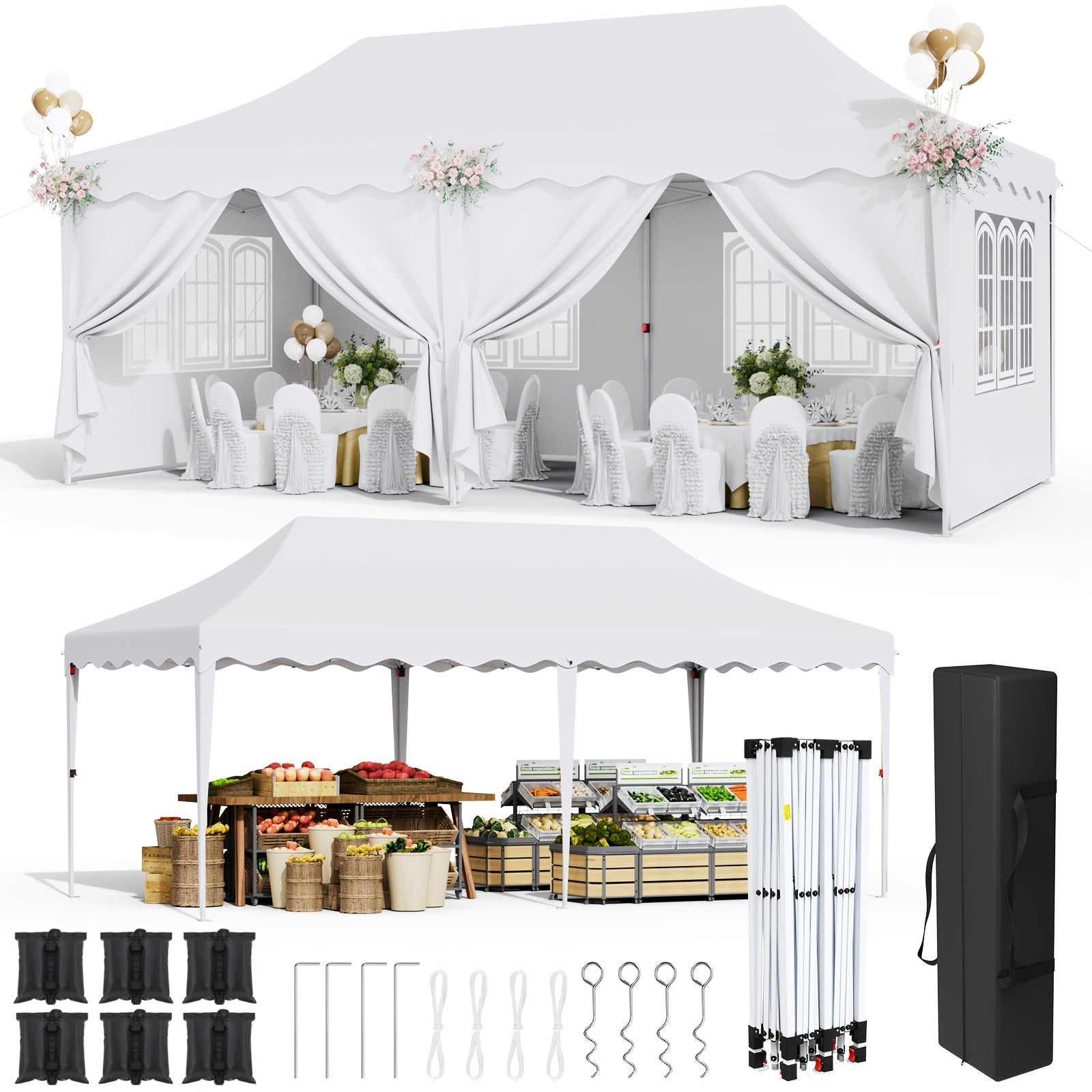 10X20Ft/10X10Ft Pop Up Canopy Tent with Sidewalls, Heavy Duty Wedding Party Tent, Height Adjustable Outdoor Portable Gazebo, Instant Sun Protection Shelter, with Wheeled Bag