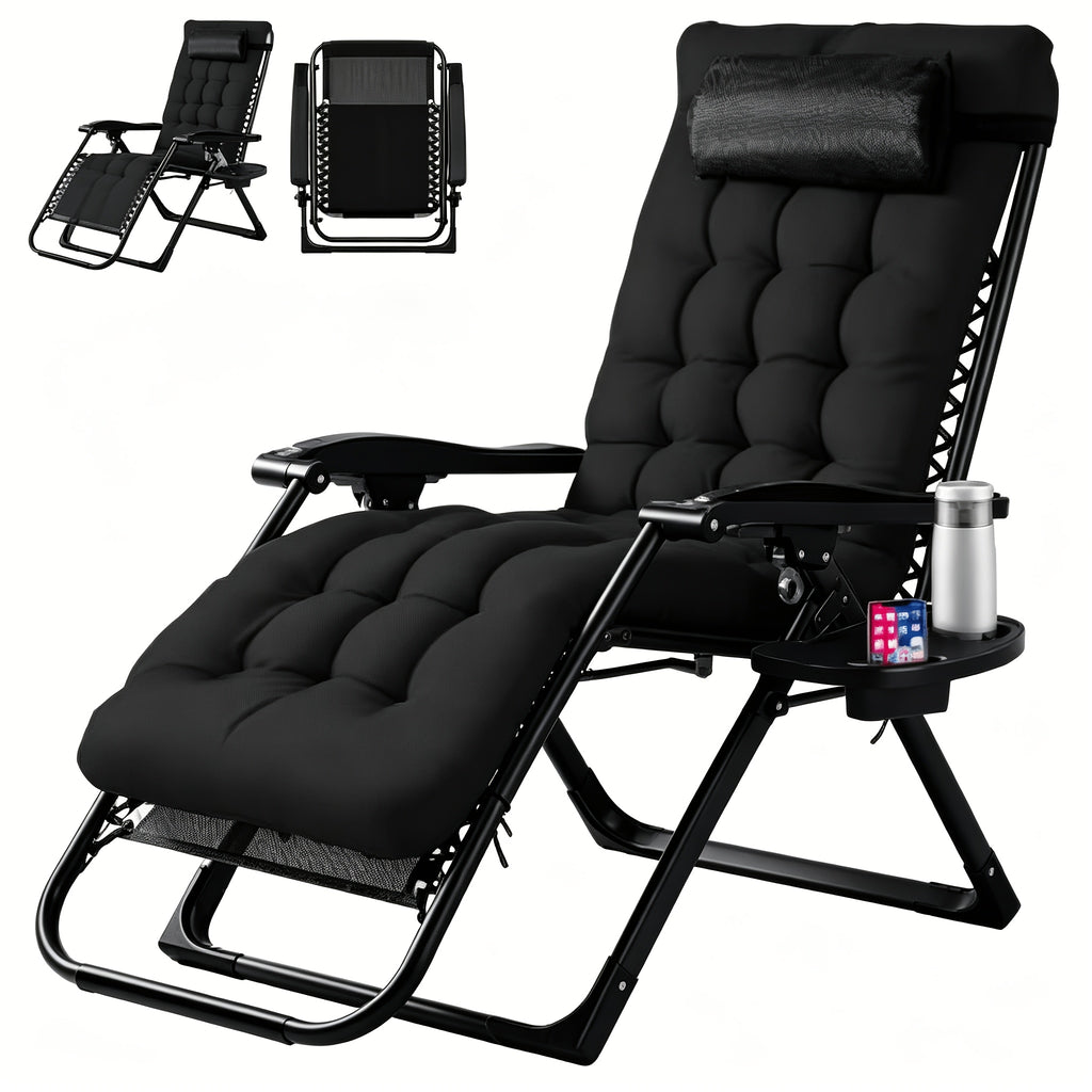 Zero Gravity Recliner, Foldable Headrests, Recliner with Cup Holder Tray And Detachable Cushion, Indoor/ Outdoor Foldable Recliner, Black/ Gray