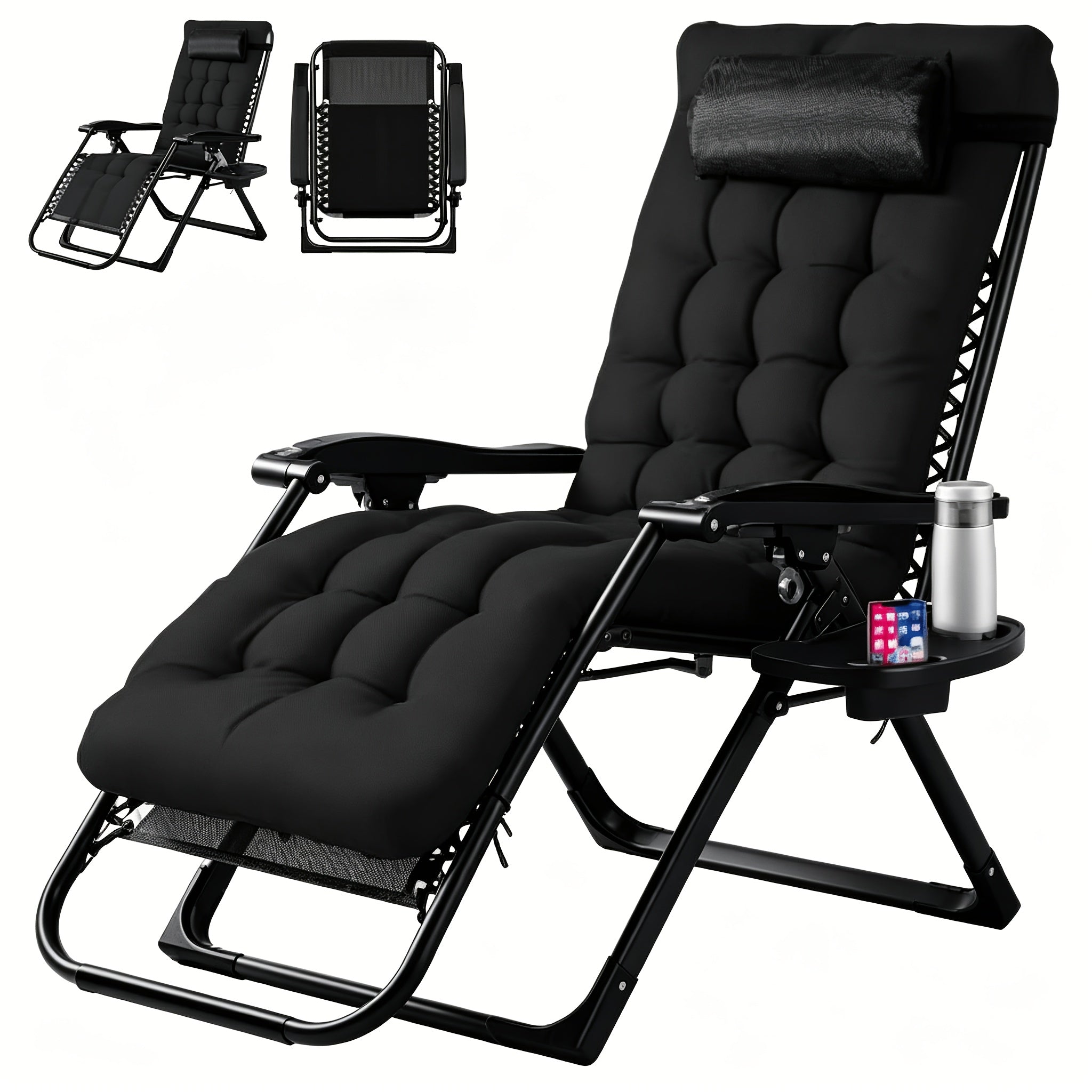  Schwereloser Relaxsessel, klappbare Kopfstützen, Relaxsessel mit Getränkehalter und abnehmbarem Kissen, klappbarer Relaxsessel für drinnen/draußen, Schwarz/Grau